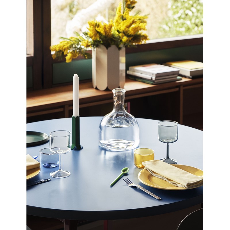 Arcs Candleholder L green_Tint Wine Glass clear_grey_Tint Glass light yellow with white rim_Tint Glass light blue with red rim